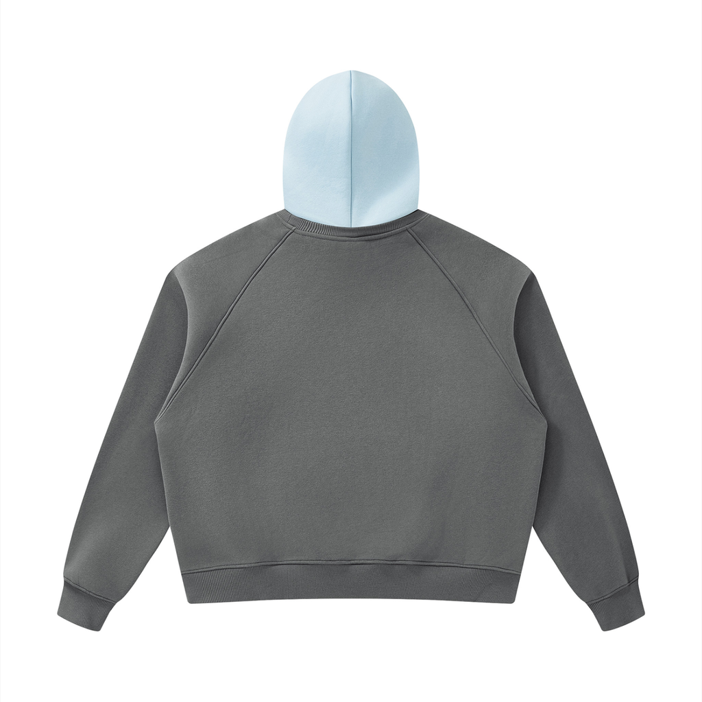 Fleece raglan hoodie, dark gray back with light blue hood