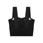 Black women’s yoga crop tank top with wide straps and ribbed textured fabric, back view