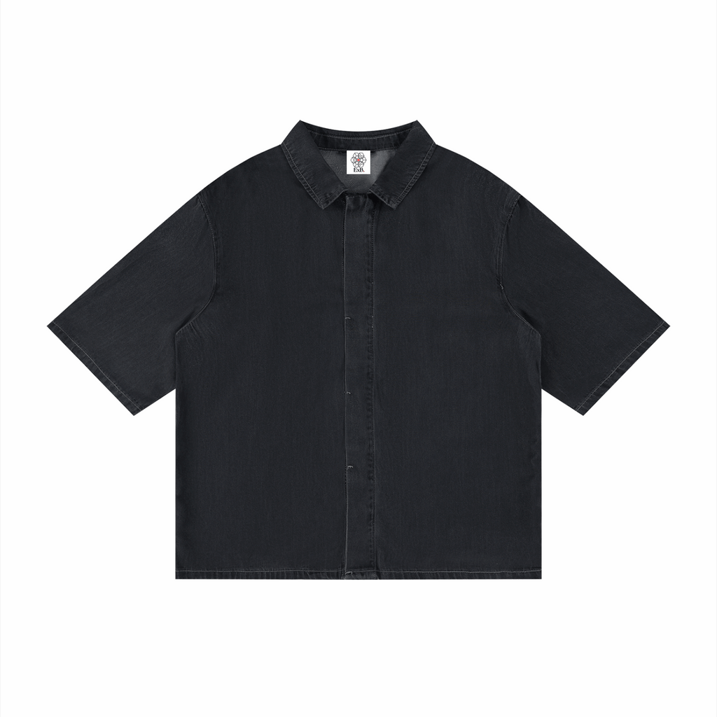 Unisex vintage wash drop-shoulder lyocell shirt, black, short sleeves, button front