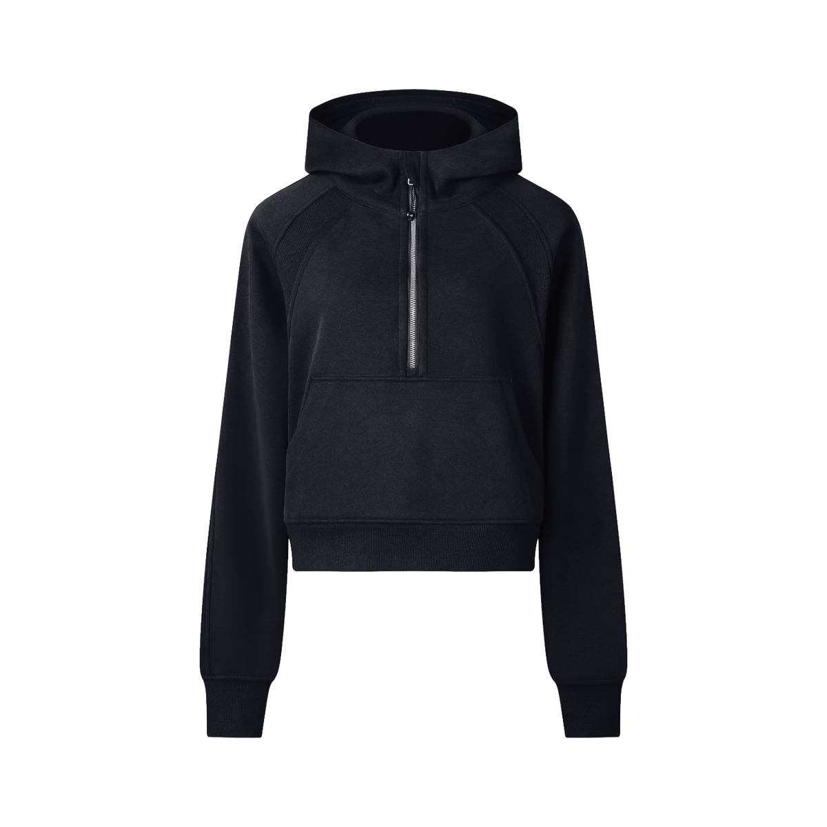 Cropped half-zip hoodie in black, hooded with front zip and kangaroo pocket