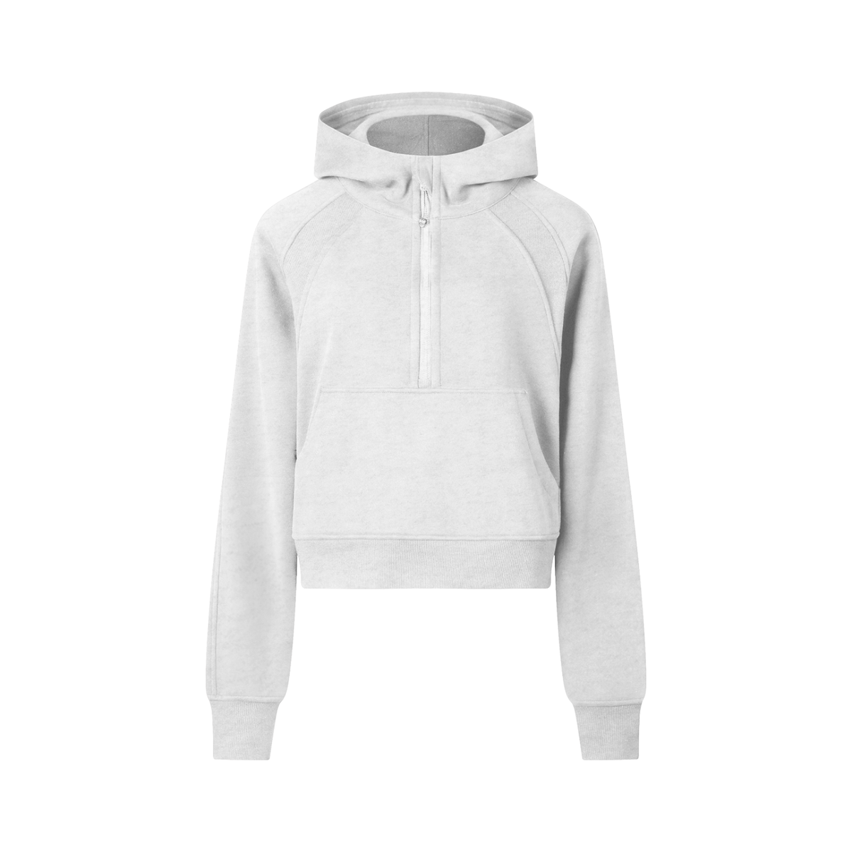 Cropped half-zip hoodie in light gray, hooded with front zip and kangaroo pocket