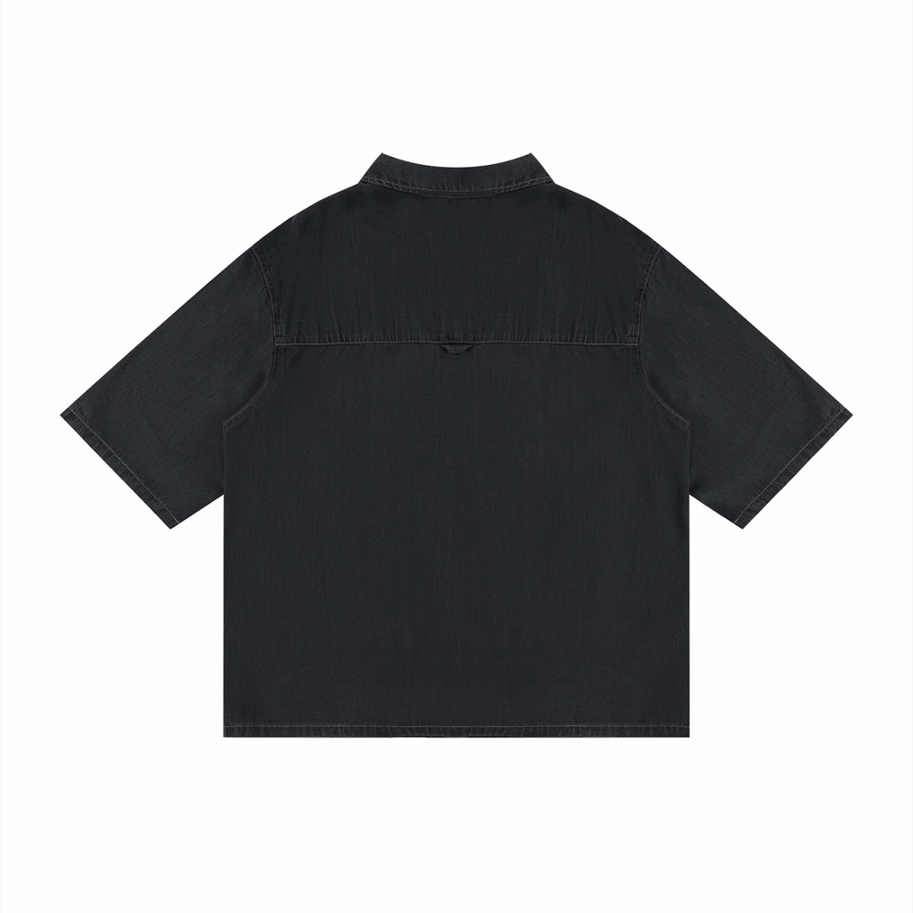 Unisex vintage wash drop-shoulder lyocell shirt, black, back view with yoke seam