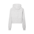 Cropped half-zip hoodie in light gray, back view with hood and centered seam