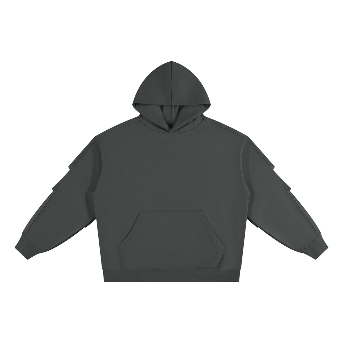 Dark gray pullover hoodie with ruched sleeves, hood, and kangaroo pocket.