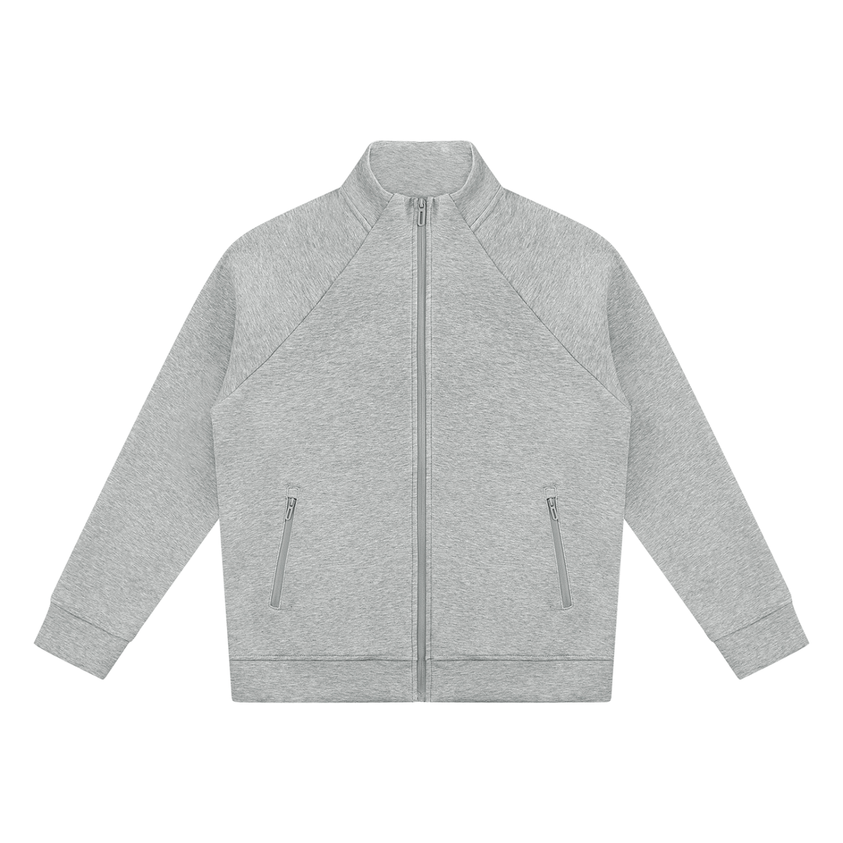 Heather gray stand-collar jacket, full-zip front with side zip pockets