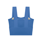 Colorful blue women’s yoga crop tank top with wide straps and ribbed textured fabric, back view