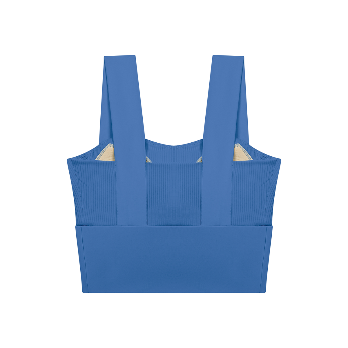 Colorful blue women’s yoga crop tank top with wide straps and ribbed textured fabric, back view