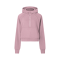 Cropped half-zip hoodie in dusty pink, hooded with front zip and kangaroo pocket