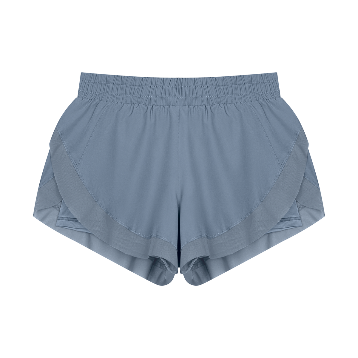 Light blue paneled yoga shorts with wide elastic waistband and layered side panels.