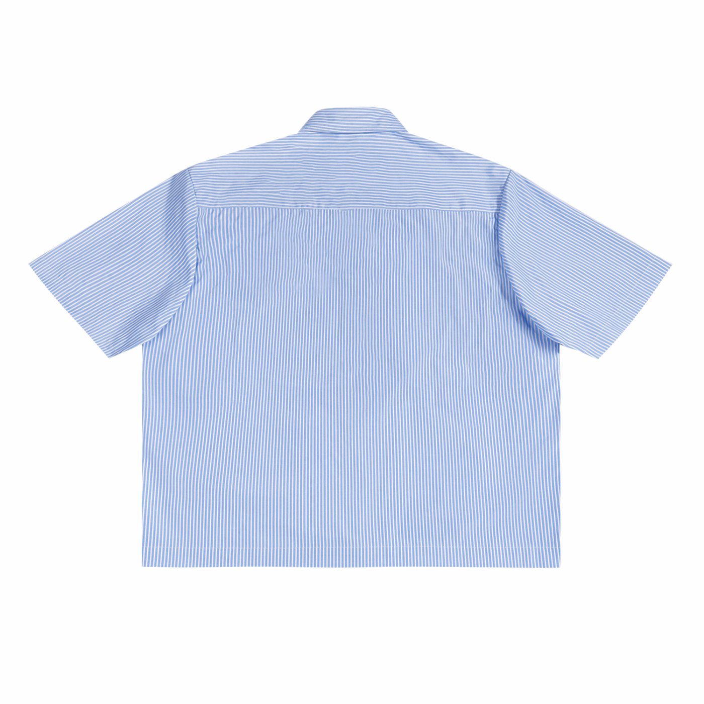 Blue vertical stripe boxy shirt, short sleeves, button-back view