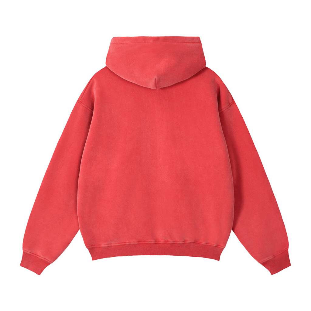 Red zip-through boxy fleece hoodie with hood, back view