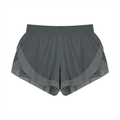 Gray paneled yoga shorts with wide elastic waistband and layered side panels.