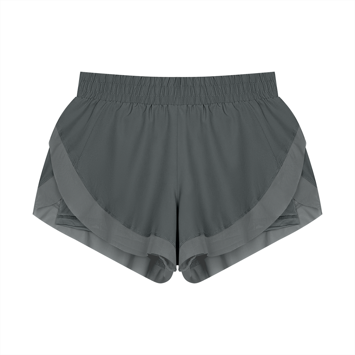 Gray paneled yoga shorts with wide elastic waistband and layered side panels.