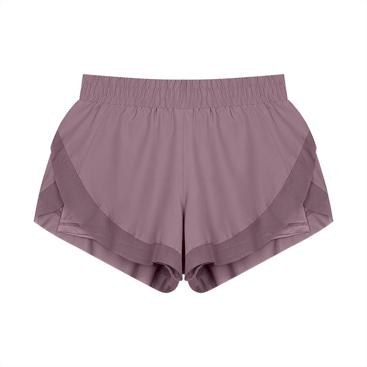 Purple paneled yoga shorts with wide elastic waistband and layered side panels.