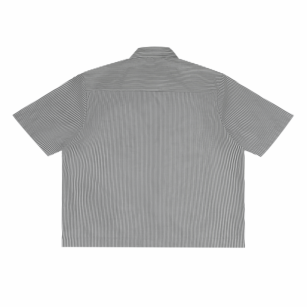 Black-and-white vertical stripe boxy shirt, short sleeves, button-back view