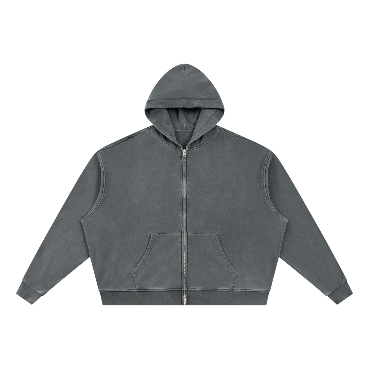 Dark gray full-zip boxy hoodie with hood and front kangaroo pocket