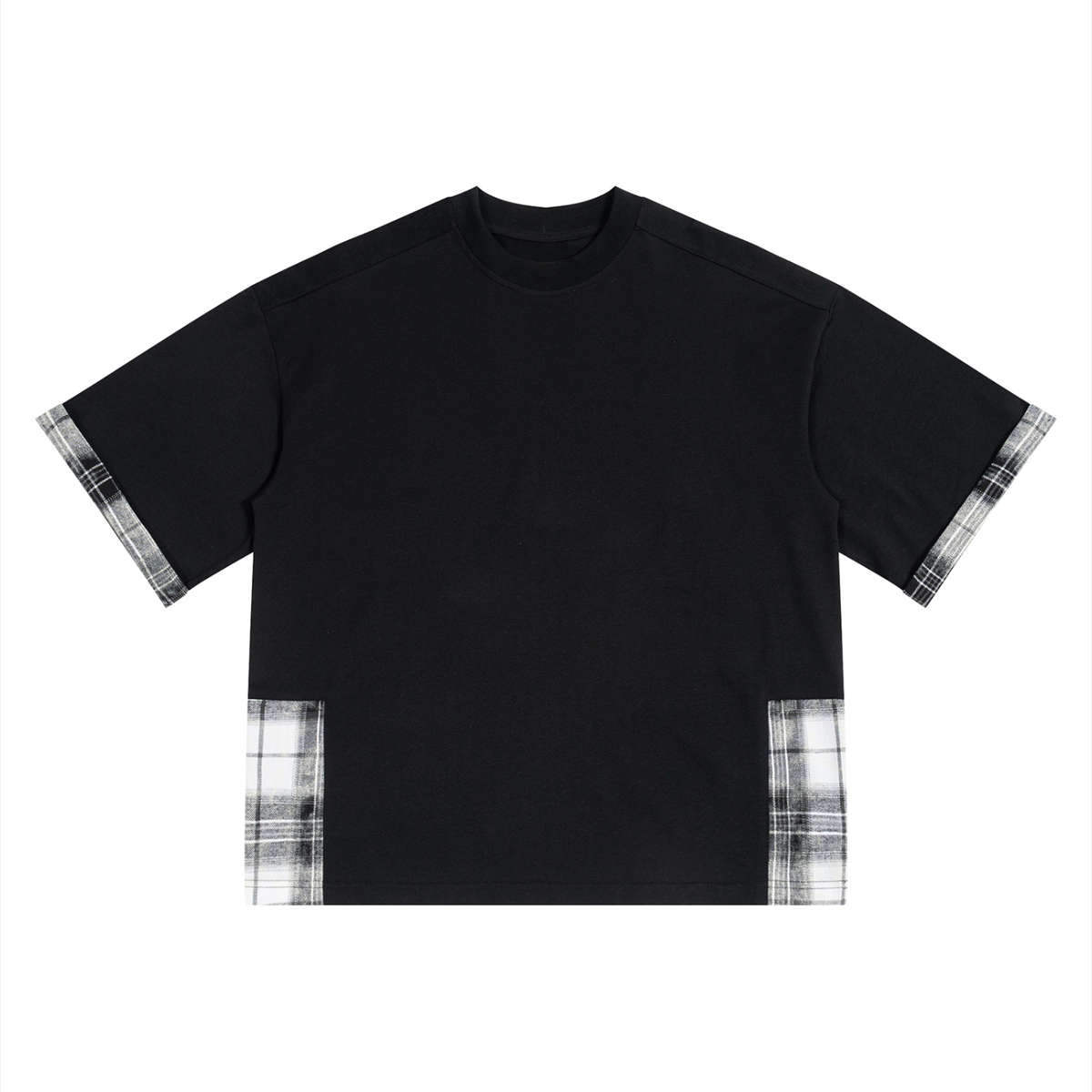 Black unisex T-shirt with plaid paneled sleeves and side hem panels
