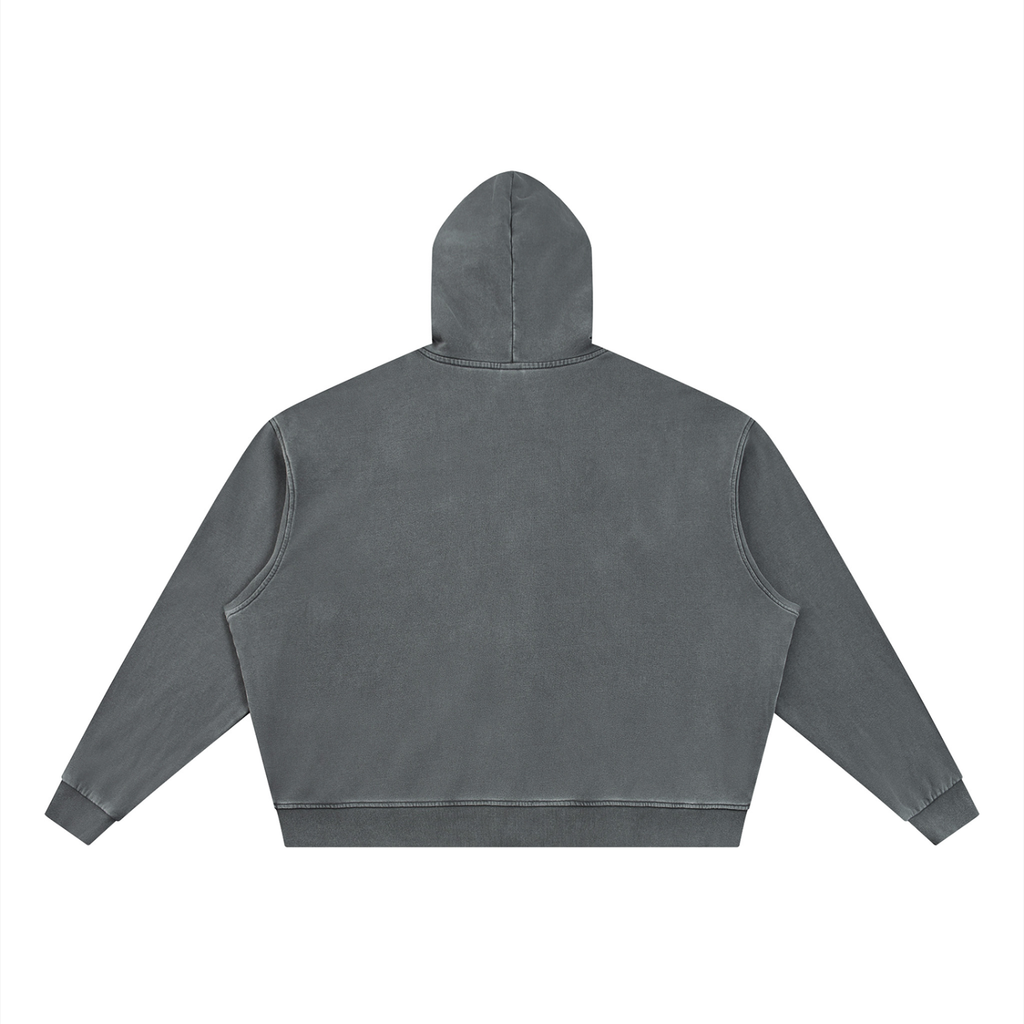 Dark gray full-zip boxy hoodie with hood, shown from the back