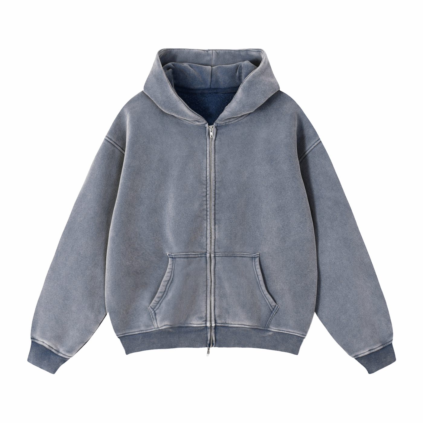 Boxy fleece zip-through hoodie, gray, front view with hood and kangaroo pockets