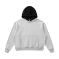 Fleece raglan hoodie, light gray body with black hood and front pocket