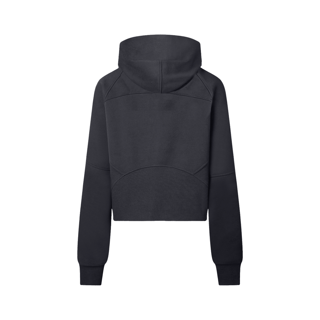 Cropped half-zip hoodie in black, back view with hood and centered seam
