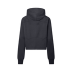 Cropped half-zip hoodie in black, back view with hood and centered seam
