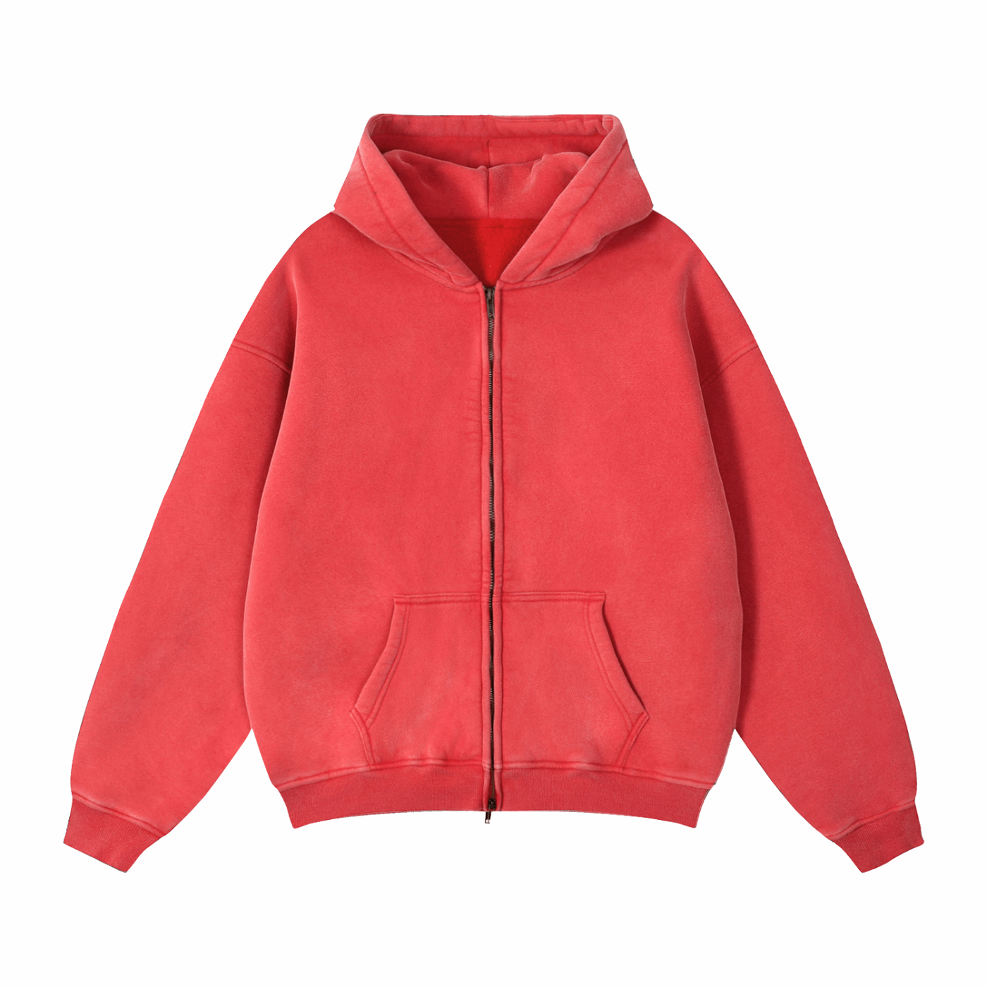 Red zip-through boxy fleece hoodie with hood and kangaroo pockets