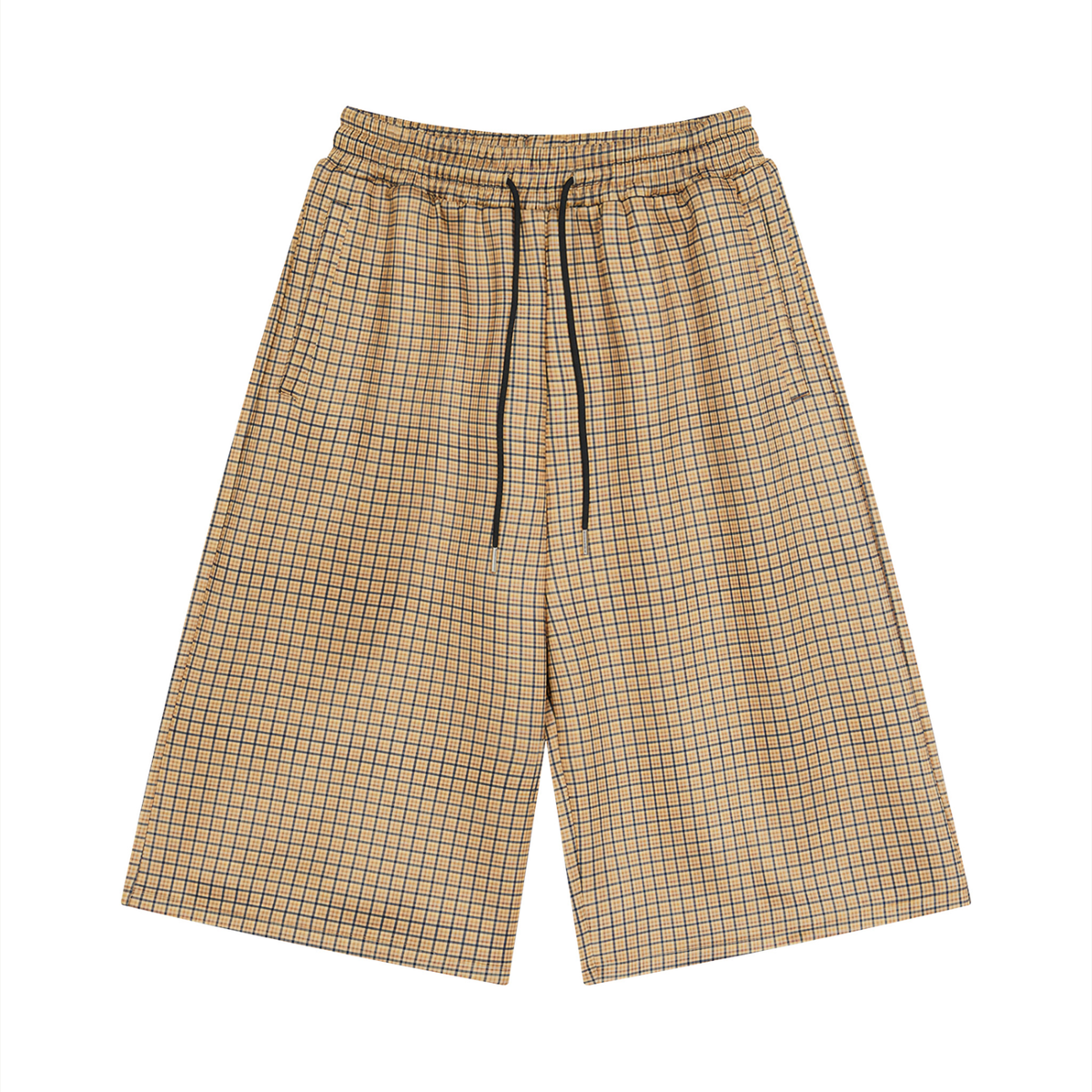Khaki plaid drawstring shorts with elastic waist and beige drawcord