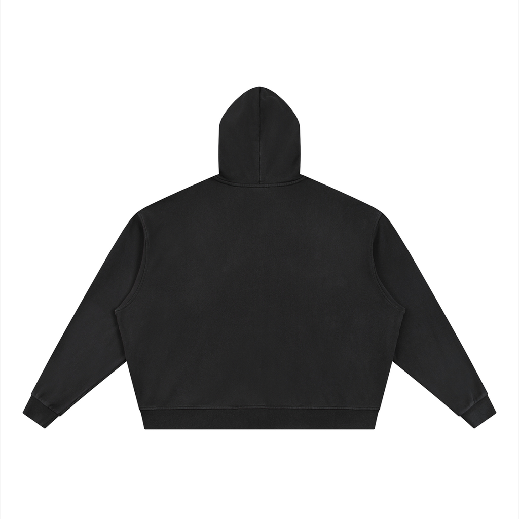 Black full-zip boxy hoodie with hood, shown from the back