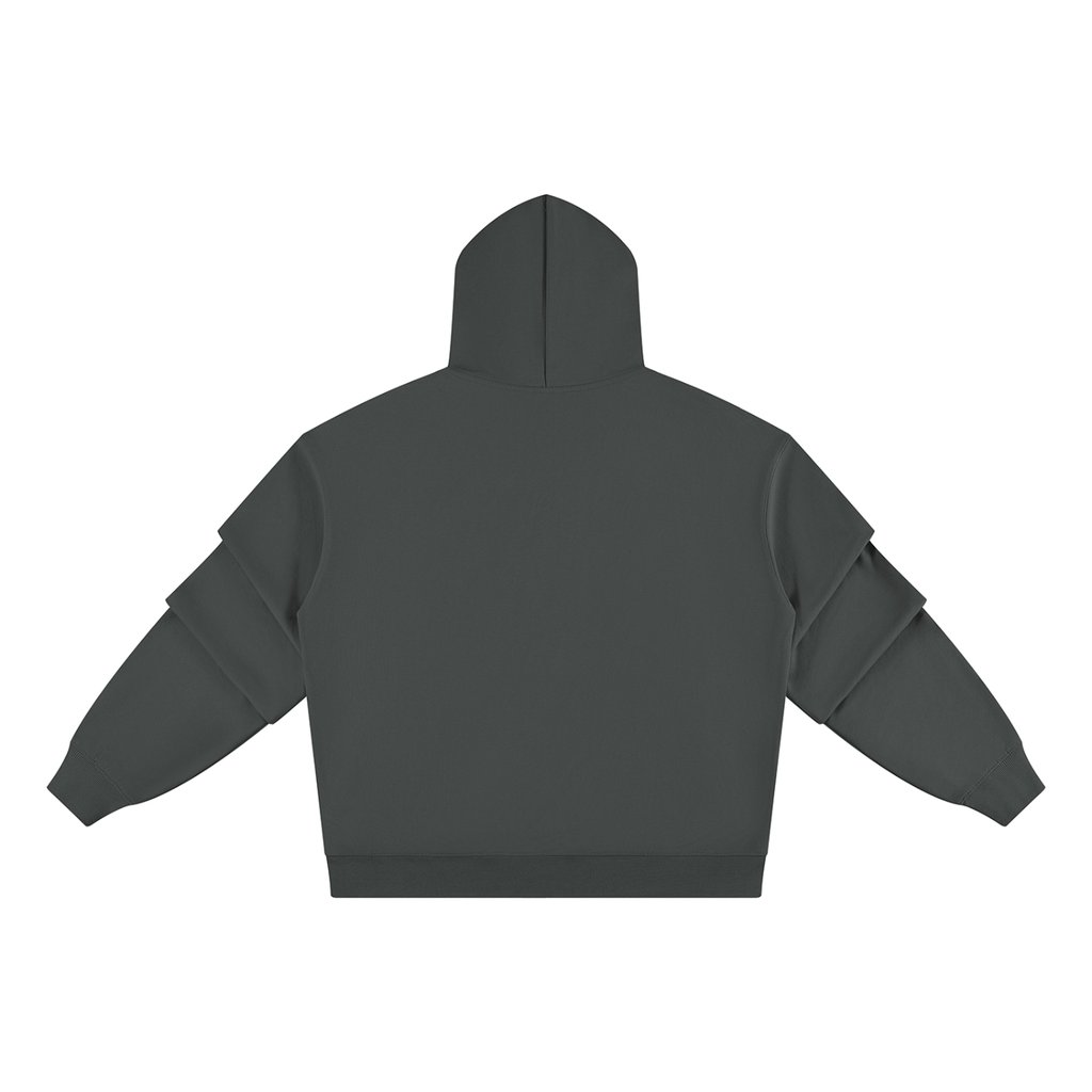 Dark gray pullover hoodie back view with ruched sleeves and hood.