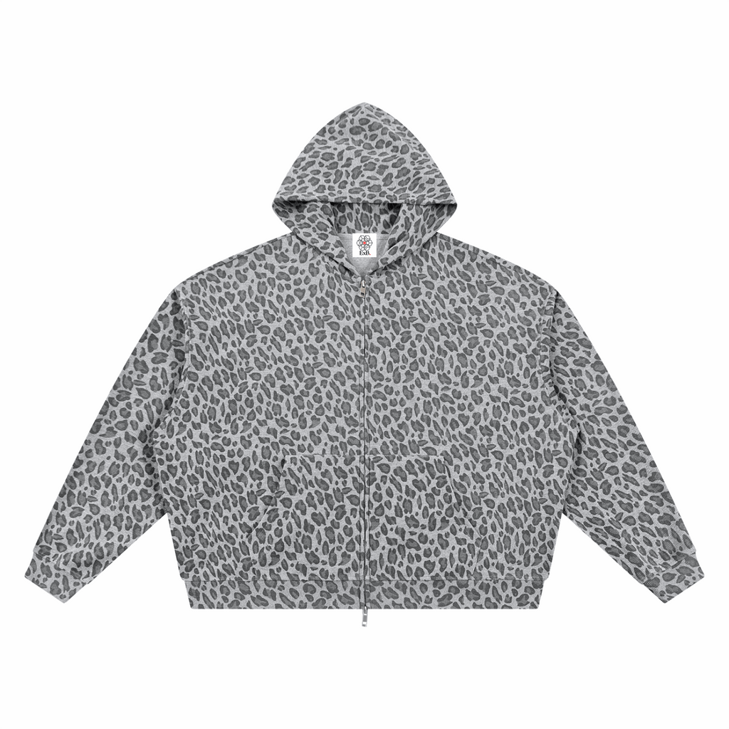 Unisex leopard-print waffle full-zip hoodie, light gray spotted pattern