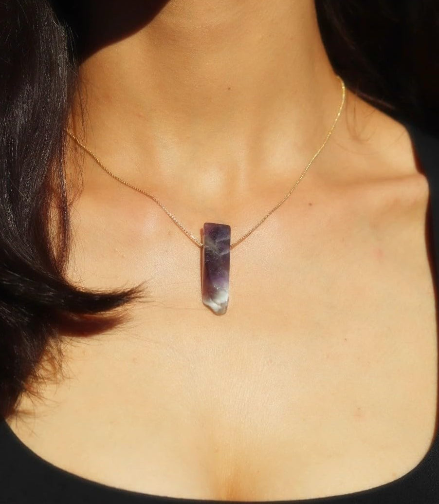 Extrinsic Beauty Natural Amethyst Crystal Bar Pendant Necklace with 18k Gold Chain, Irregular, Healing Crystal Jewelry