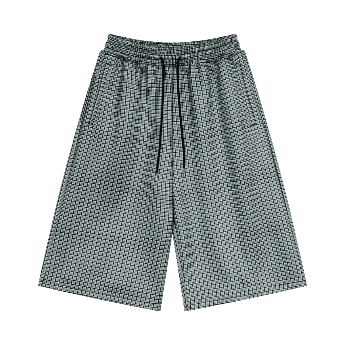 Navy blue plaid drawstring shorts with elastic waist and black drawcord