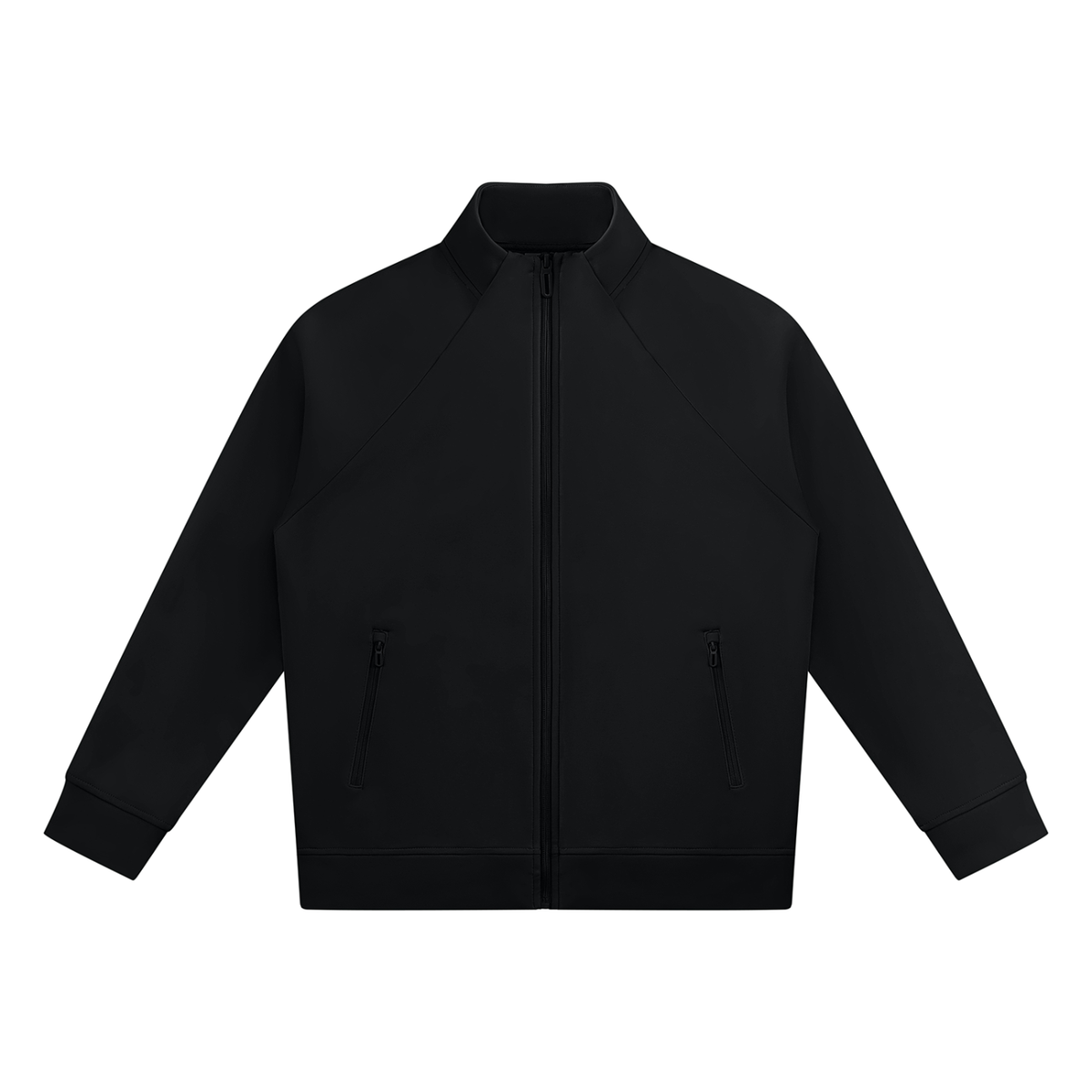 Black stand-collar jacket, full-zip front with side zip pockets