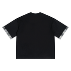 Black unisex T-shirt back view with plaid cuffed sleeves