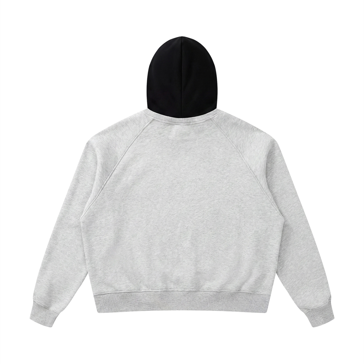 Fleece raglan hoodie, light gray back with black hood