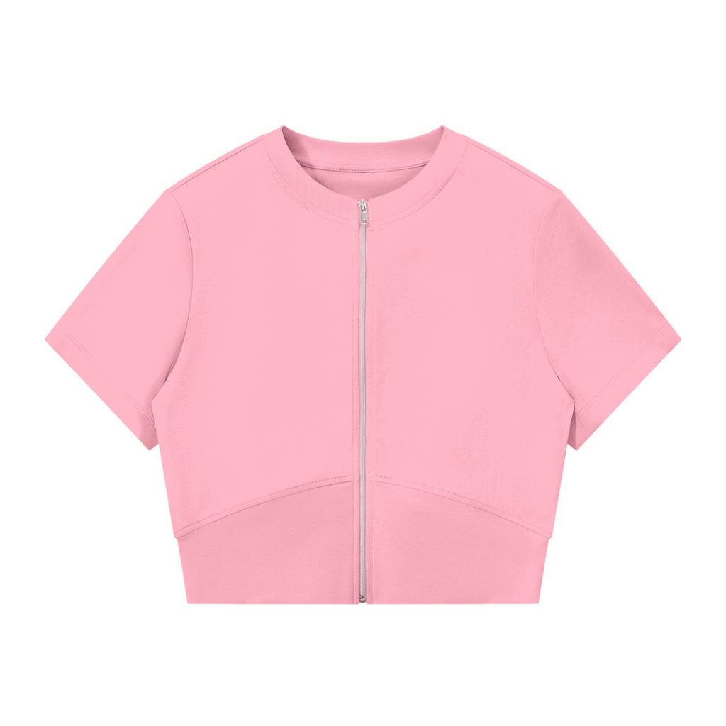 Pink paneling full-zip T-shirt with short sleeves and stand collar