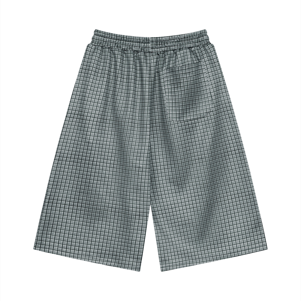 Navy blue plaid drawstring shorts with elastic waistband and side patch pocket