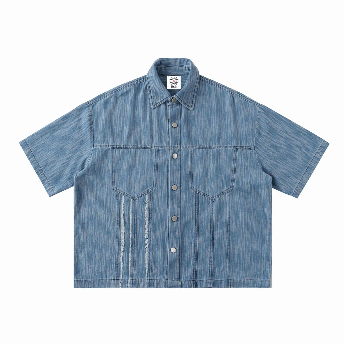 Blue distressed short-sleeve button-up shirt with pointed collar and chest pockets