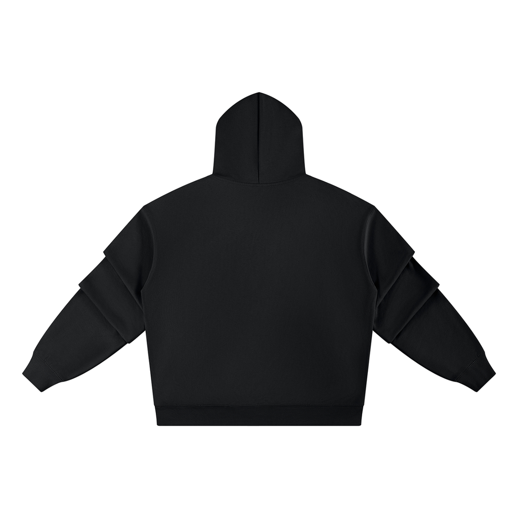 Black pullover hoodie back view with ruched sleeves and hood.