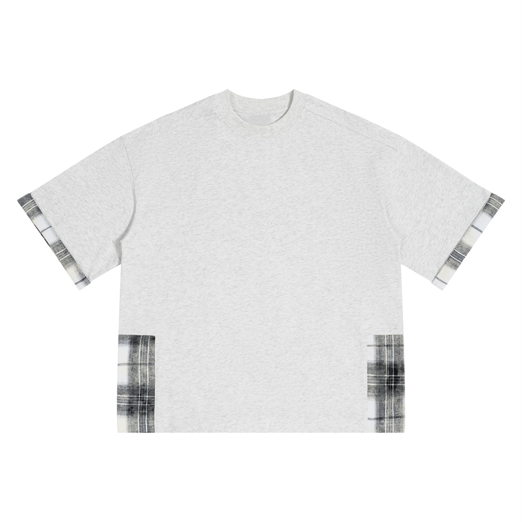 Oat gray unisex T-shirt with plaid paneled sleeves and side hem panels