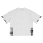Oat gray unisex T-shirt with plaid paneled sleeves and side hem panels