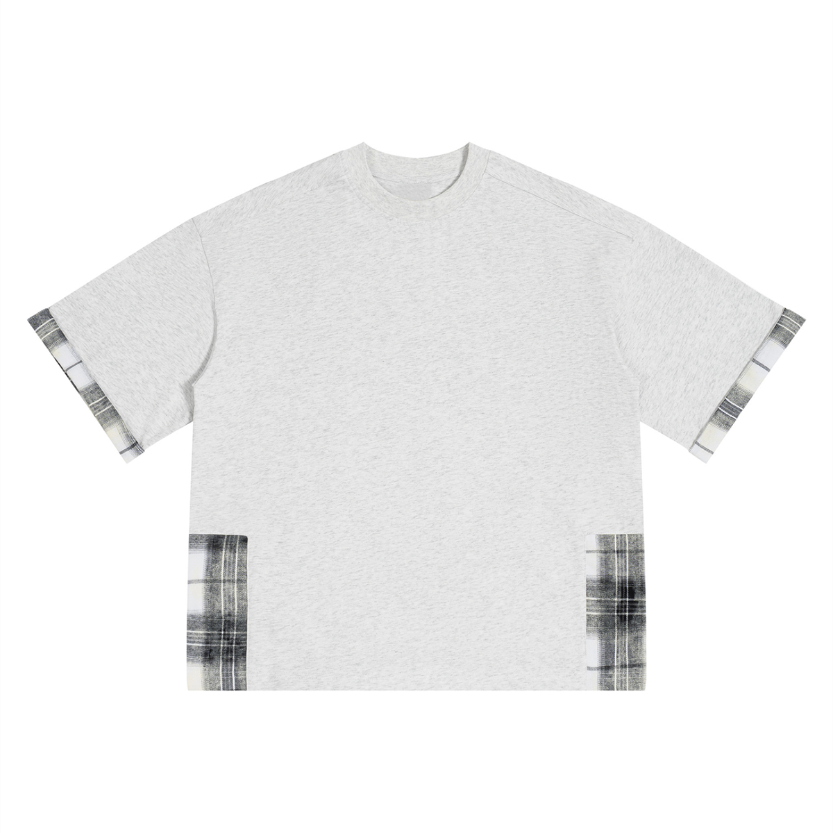 Oat gray unisex T-shirt with plaid paneled sleeves and side hem panels
