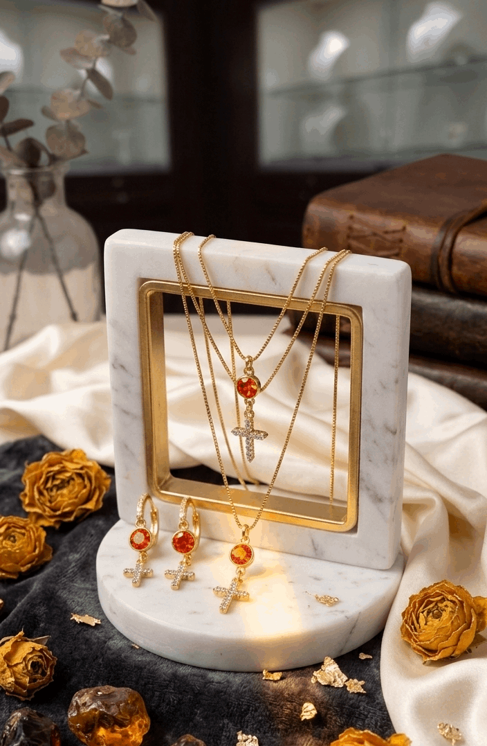 Gold-tone cross necklace with orange and white zircon on stand, plus matching drop earrings