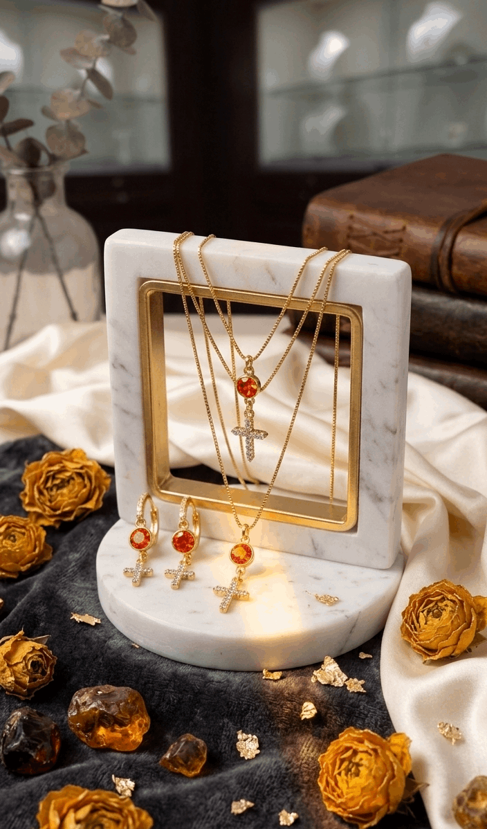 Gold-tone cross pendant necklace with orange stone details and matching earrings