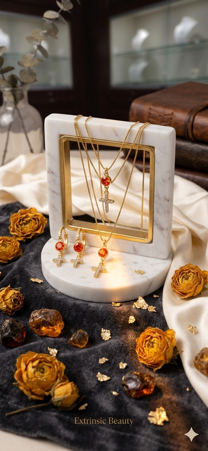 Orange Sapphire & White Zircon Cross Necklace
