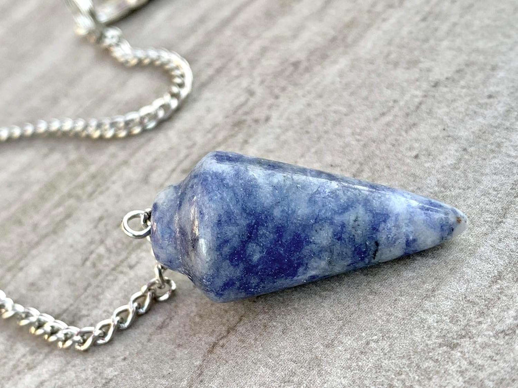 Blue gemstone pendulum bag charm with silver chain and pointed teardrop stone