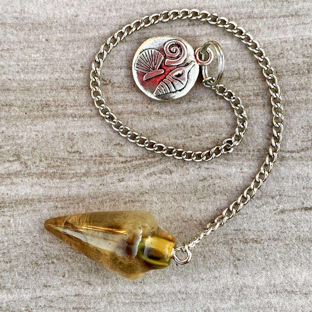 Smoky quartz pendulum bag charm with silver chain and etched round mystery disk