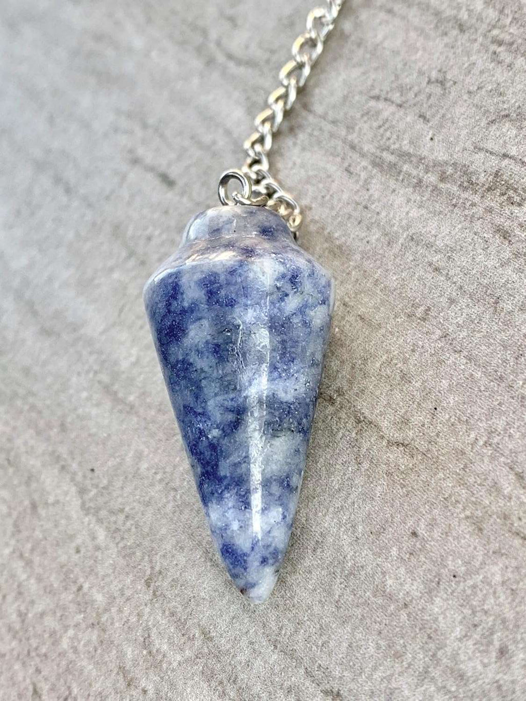 Blue and white crystal pendulum bag charm with silver chain