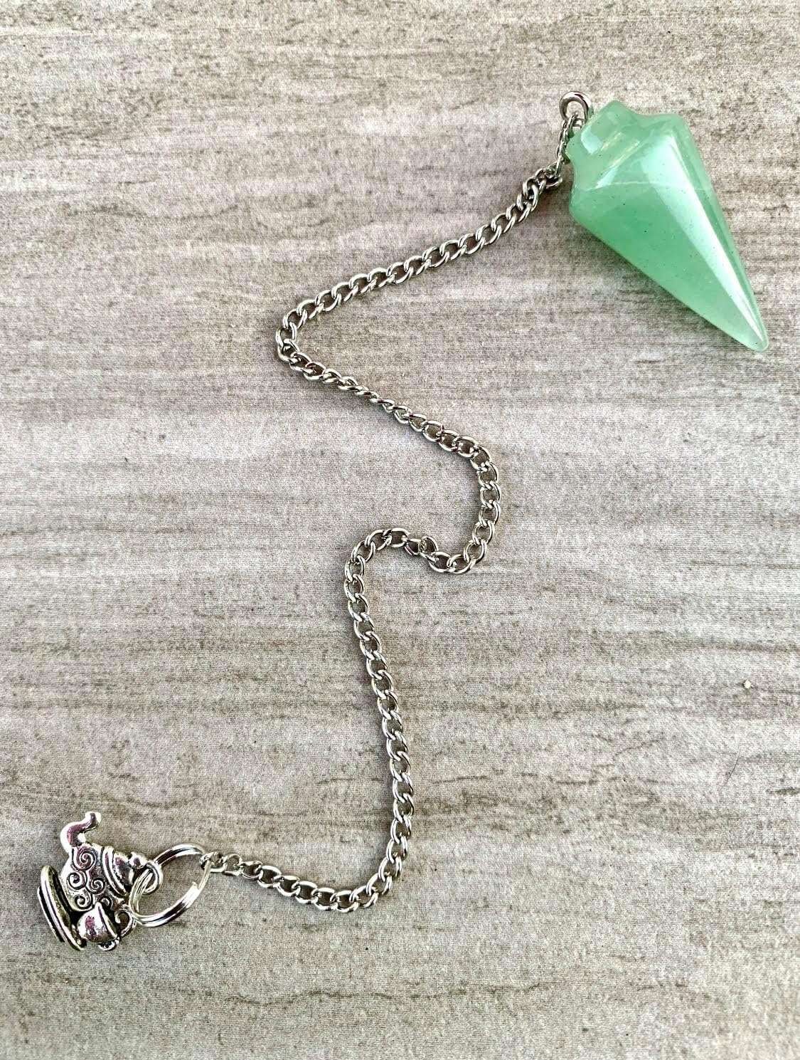 Green aventurine pendulum bag charm with silver chain and cone point